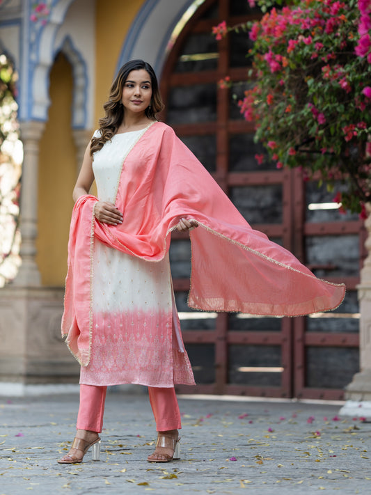 Aspora White & Peach Pure Silk Ethnic Motif Woven Straight Kurta With Trousers & Dupatta(KS-LF-Indu-240-Peach)