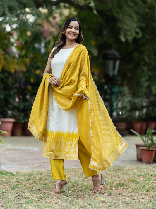 Aspora White & Yellow Pure Silk Ethnic Motif Woven Straight Kurta With Trousers & Dupatta