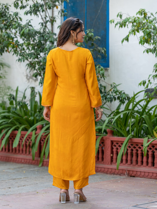 Women Yellow Pure Viscose Jacquard Kurta with Lotus Motifs & Solid Pants