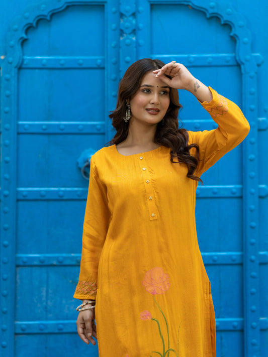 Women Yellow Viscose Jacquard Kurta with Pink Lotus Woven Design & Solid Pants