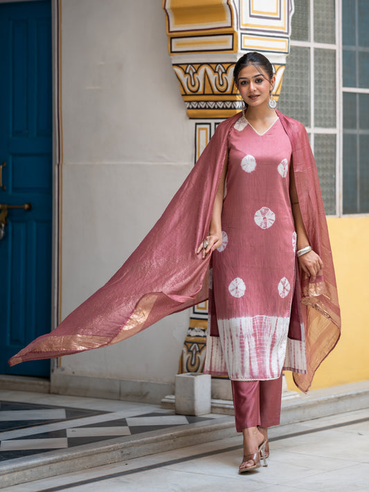 Aspora Onion Pink Pure Silk Shibori Printed Straight Kurta With Trousers & Dupatta(KS-LF-Sibori-242-Onion)