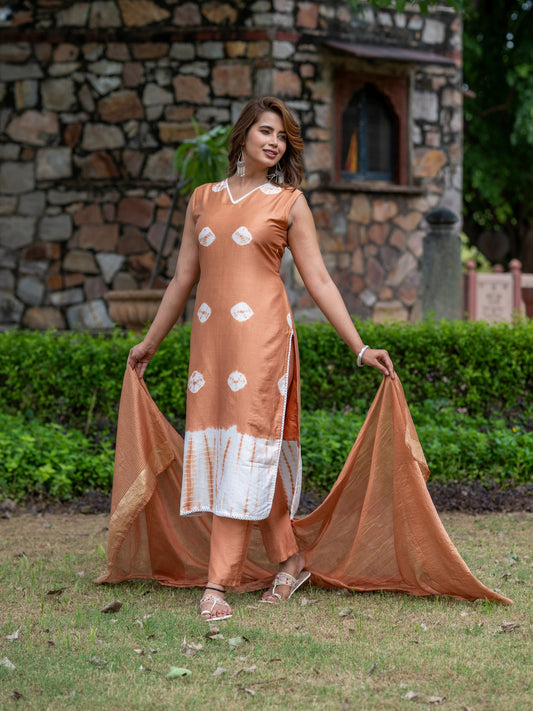 Aspora Brown Pure Silk Shibori Printed Straight Kurta With Trousers & Dupatta
