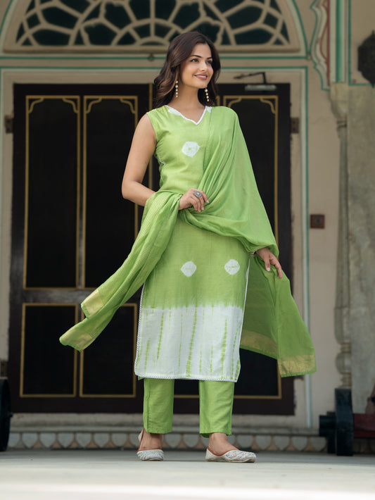 Parrot Color Hand Tie & Dye Kurta Trouser Set with Dupatta For Women