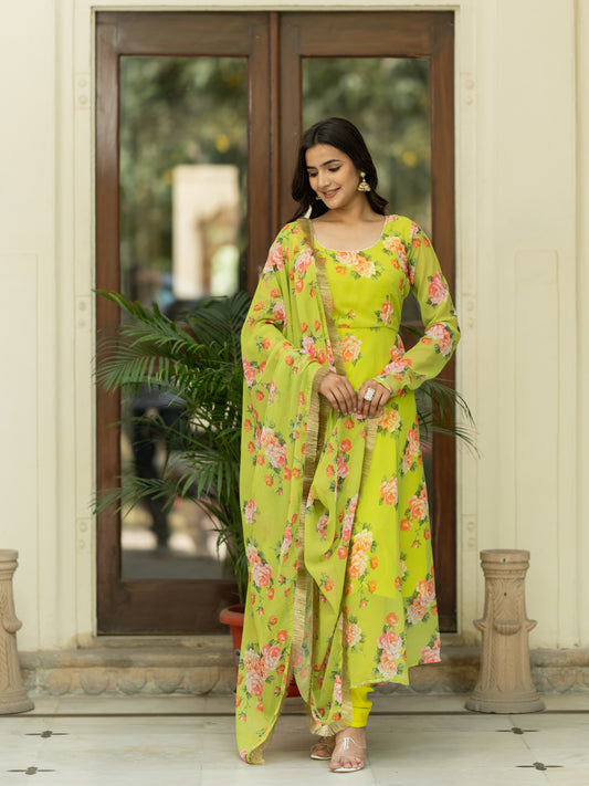 Aspora Parrot Green Floral Printed Anarkali Kurta With Trousers & Dupatta