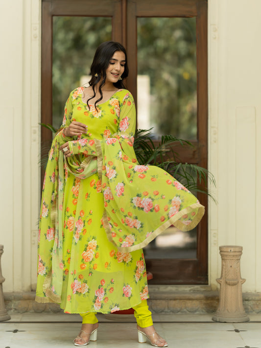 Aspora Parrot Green Floral Printed Anarkali Kurta With Trousers & Dupatta