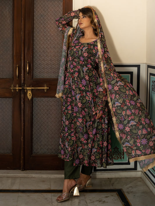 Aspora Olive Floral printed Anarkali Kurta With Trousers & Dupatta