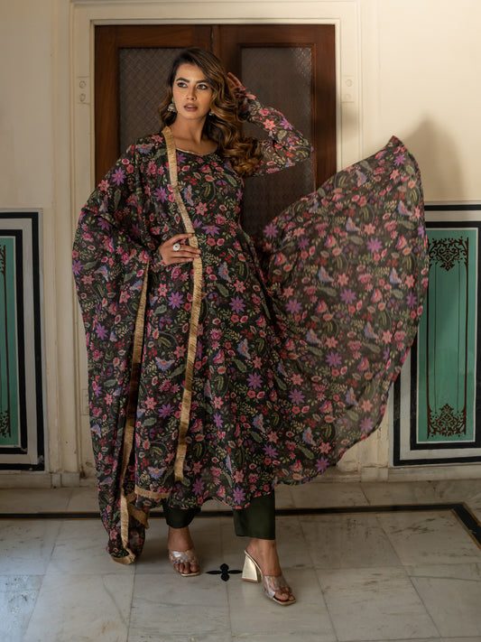 Aspora Olive Floral printed Anarkali Kurta With Trousers & Dupatta