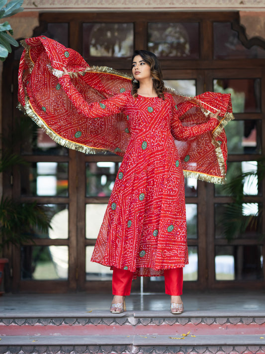 Aspora Red Bandhani printed Anarkali Kurta With Trousers & Dupatta (KS-ME-Mataji-Red)