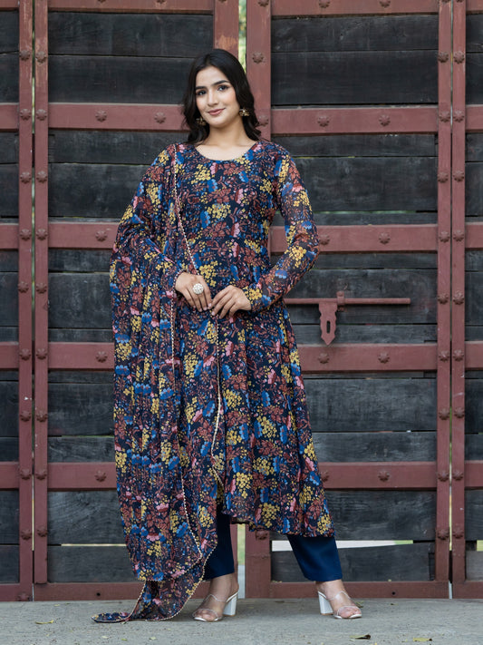 Aspora NavyBlue Floral printed Anarkali Kurta With Trousers & Dupatta (KS-ME-Noor-NavyBlue)