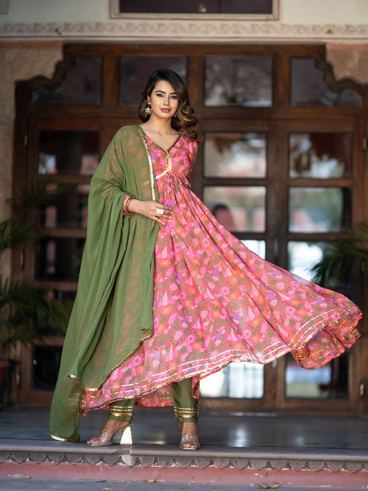Aspora Pink Floral printed Anarkali Kurta With Trousers & Dupatta
