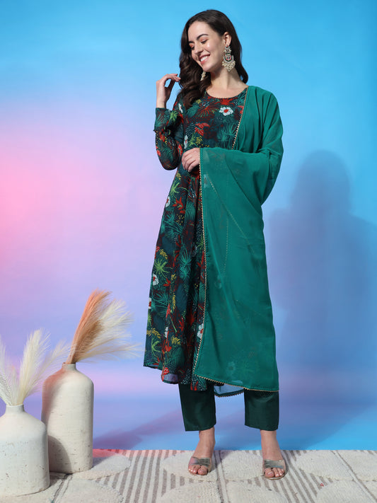 Aspora Green Colored Floral Printed Anarkali Kurta Wtih Trousers & Dupatta(KS-ME-Senorita-Green)