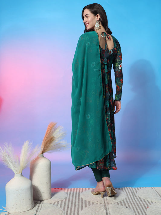 Aspora Green Colored Floral Printed Anarkali Kurta Wtih Trousers & Dupatta(KS-ME-Senorita-Green)