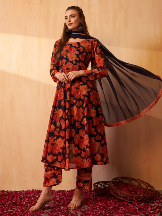 Aspora Orange & Blue Colored Floral Printed Georgette Kurta With Palazoo & Dupatta(KS-ME-Siri-Orange)