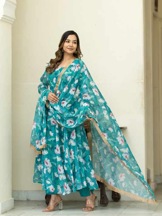 Aspora Green Floral Printed Anarkali Kurta With Trousers & Dupatta