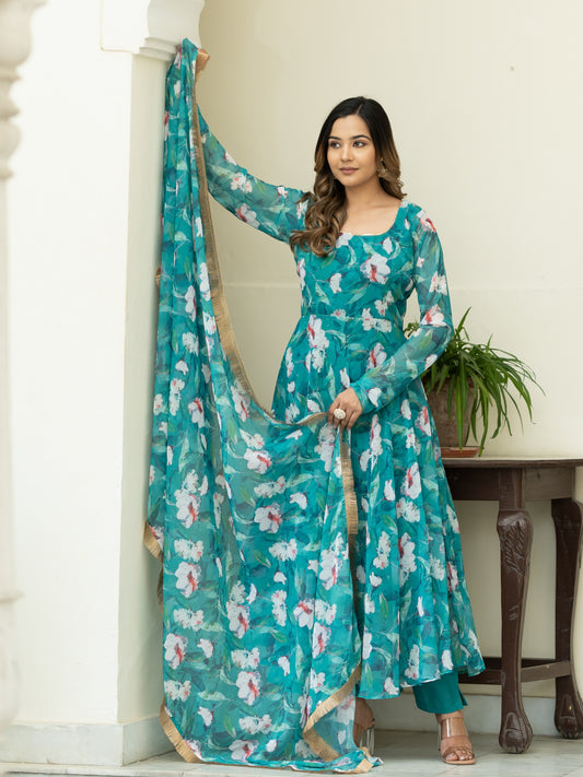 Aspora Green Floral Printed Anarkali Kurta With Trousers & Dupatta