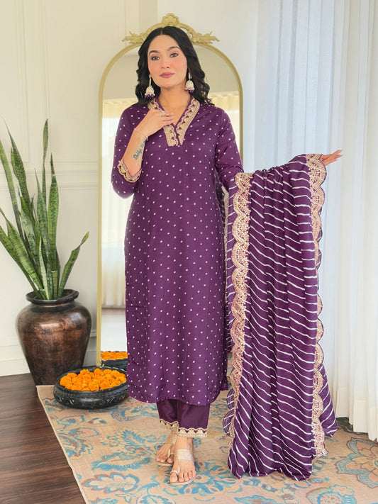 Purple Color Bandhani Printed V-Neck Sequinned Straight Kurta With Trousers & Dupatta