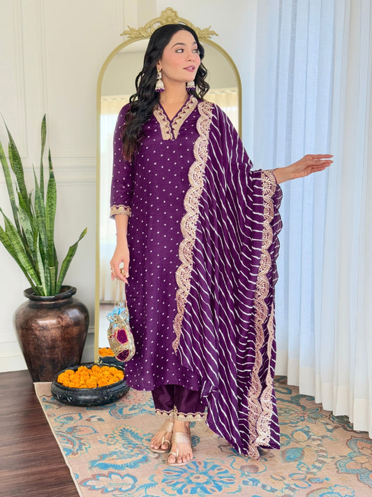 Purple Color Bandhani Printed V-Neck Sequinned Straight Kurta With Trousers & Dupatta