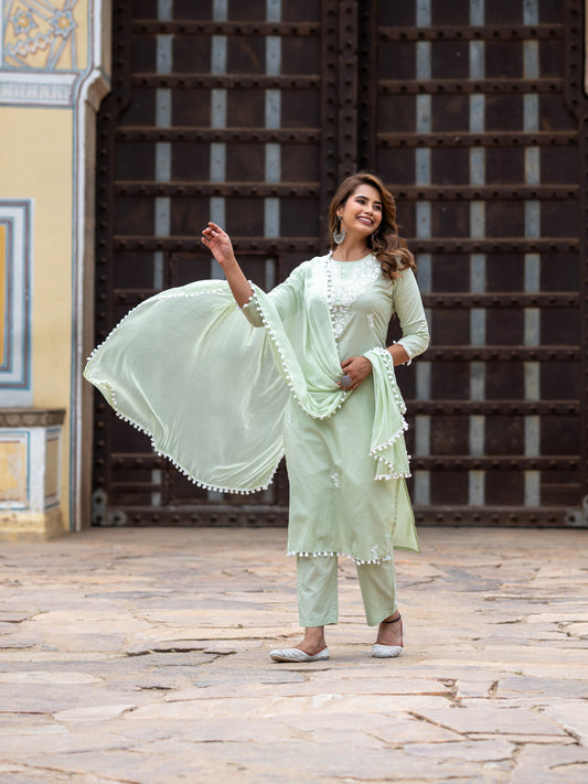 Pista Green Pure Cotton Chikankari Embroidered Kurta Set