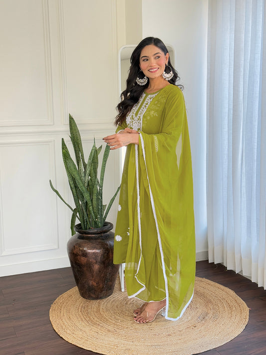 Lime Green Color Women Floral Embroidered Empire Chikankari Pure Cotton Kurta with Trousers & With Dupatta