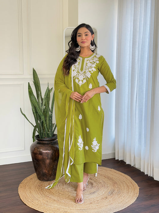 Lime Green Color Women Floral Embroidered Empire Chikankari Pure Cotton Kurta with Trousers & With Dupatta