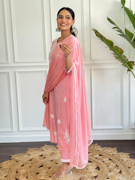 Peach floral embroidered Chikankari cotton kurta set offering elegance