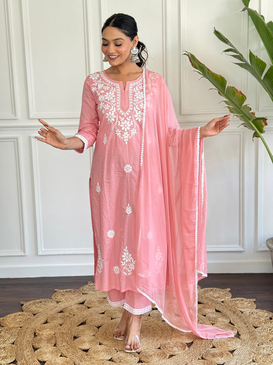 Peach floral embroidered Chikankari cotton kurta set offering elegance