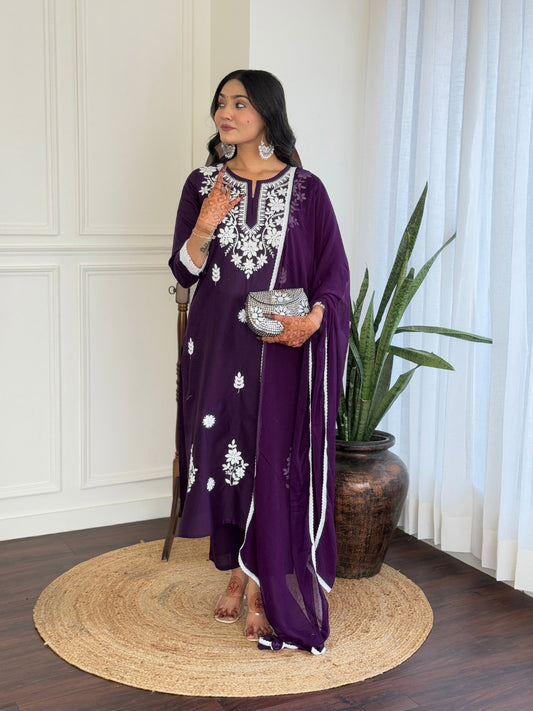 Purple Color Women Floral Embroidered Empire Chikankari Pure Cotton Kurta with Trousers & With Dupatta