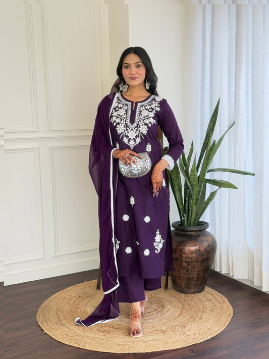 Purple Color Women Floral Embroidered Empire Chikankari Pure Cotton Kurta with Trousers & With Dupatta