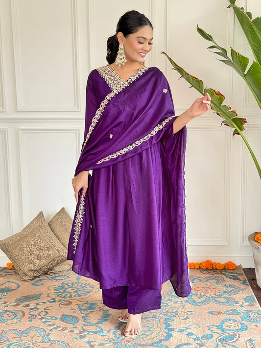 Purple Color Floral Embroidered Empire Sequinned A-Line Kurta With Palazzos & Dupatta