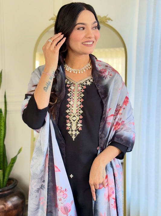 Black Color Floral Embroidered Sweetheart Neck Sequinned Kurta With Trouser & Dupatta