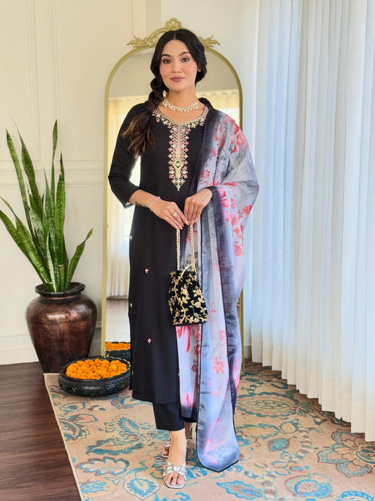 Black Color Floral Embroidered Sweetheart Neck Sequinned Kurta With Trouser & Dupatta