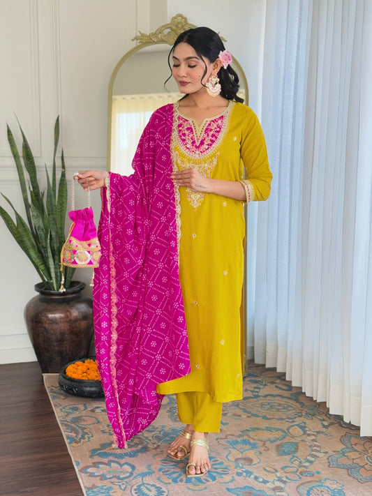 Yellow Floral Embroidered Sequinned Kurta Set with Dupatta & Trousers