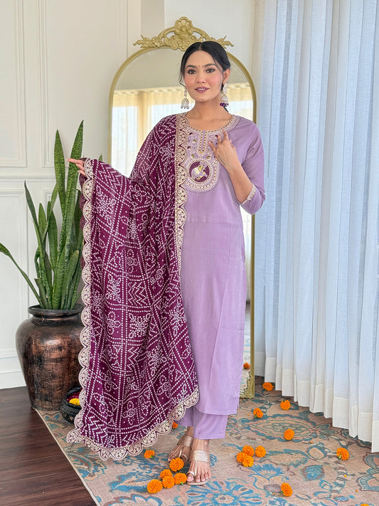 Lavender Color Ethnic Motifs Embroidered Straight Kurta With Trousers & Dupatta