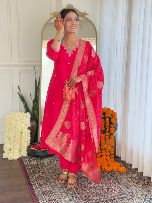 Pink Color Floral Embroidered V-Neck Sequinned Straight Kurta With Trousers & Dupatta