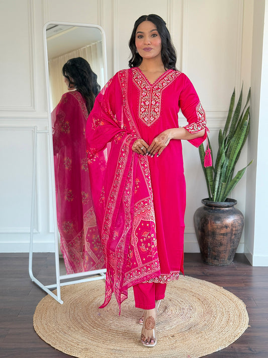 Pink Floral Embroidered V-Neck Straight Kurta With Trousers And Dupatta