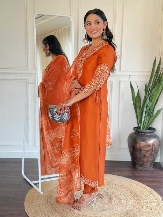 Orange Floral Yoke Design V-Neck Sequinned Straight Kurta With Trousers & Dupatta