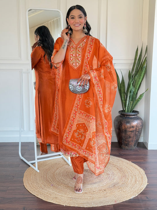 Orange Floral Yoke Design V-Neck Sequinned Straight Kurta With Trousers & Dupatta