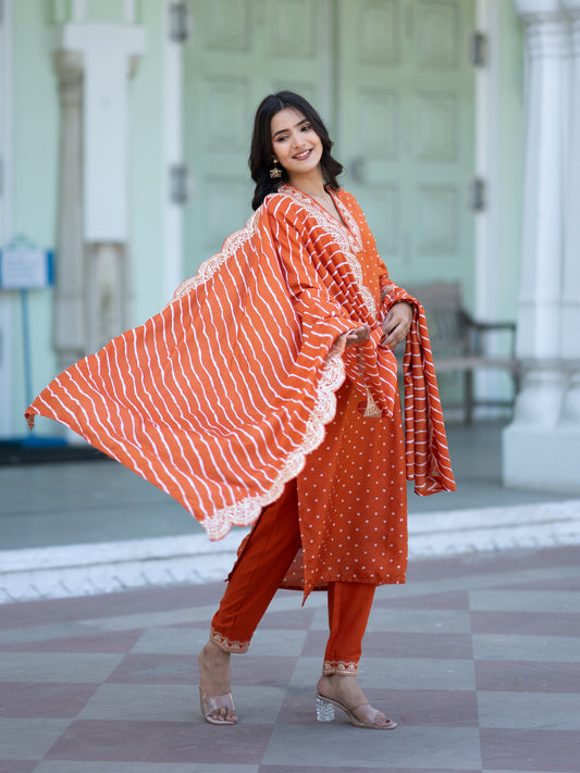 Aspora Orange Color Embroidered Women's Kurta with Trousers & Dupatta