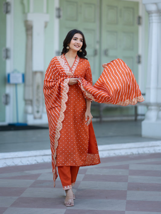 Aspora Orange Color Embroidered Women's Kurta with Trousers & Dupatta