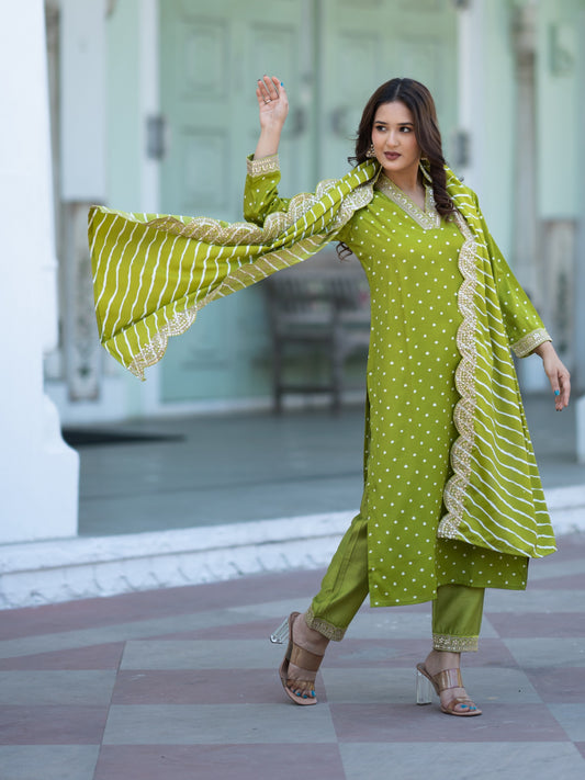 Aspora Parrot Color Embroidered Women's with Trousers & Dupatta