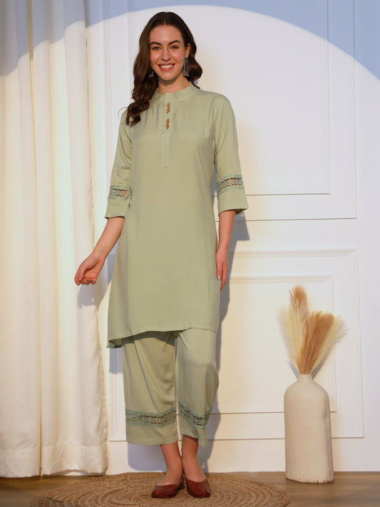Aspora Olive Green Solid Rayon Straight Kurta With Palazzo(KS-VNF-Aahana-Pista)