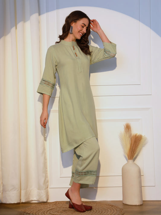 Aspora Olive Green Solid Rayon Straight Kurta With Palazzo(KS-VNF-Aahana-Pista)