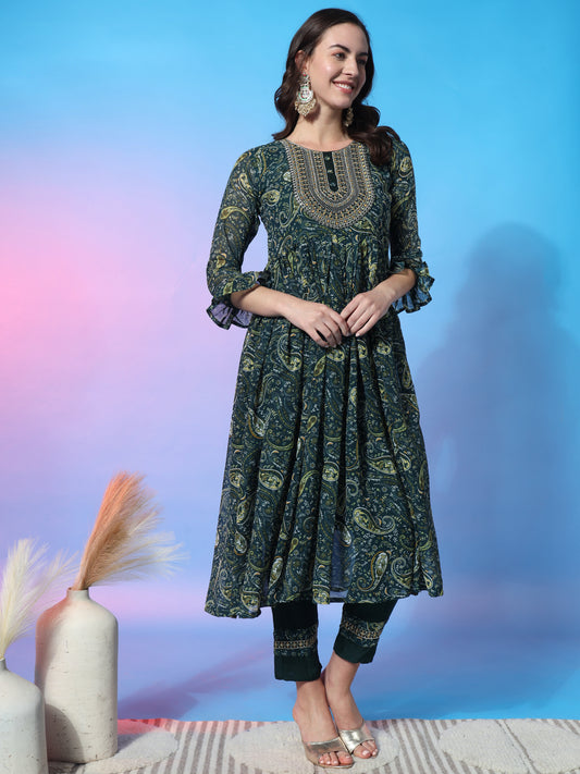 Aspora Green Women's Paisley Printed Sequinned Georgette Anarkali Kurta With Trousers & Dupatta(KS-VNF-Meggi-Green)