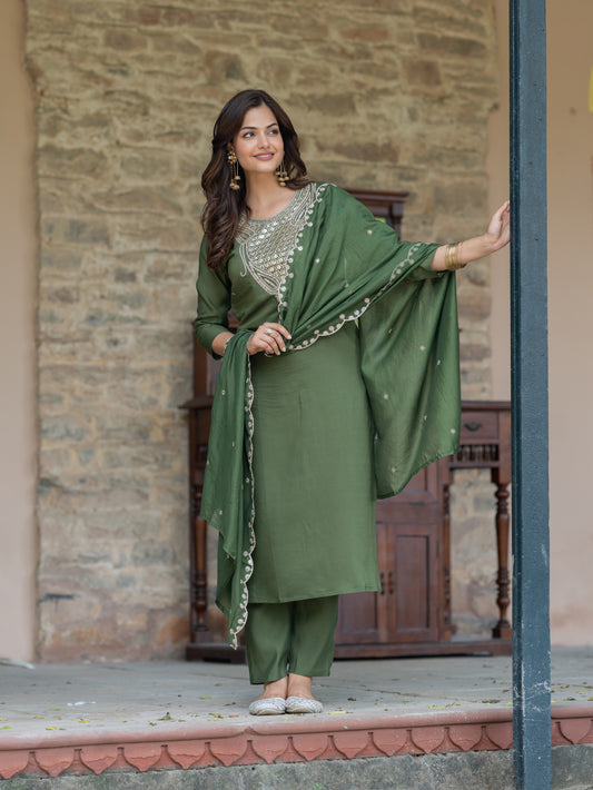 Mehandi Green Color Women Embroidered Kurta Trouser Set with Dupatta