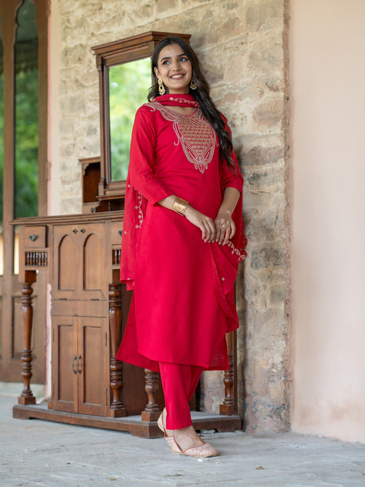 Pink Color Women Embroidered Kurta Trouser Set with Dupatta