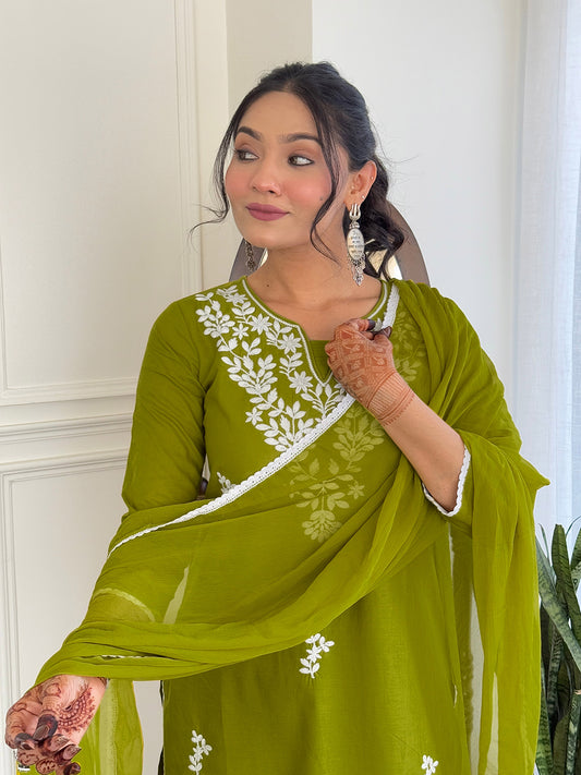 Lime Green Pure Cotton Embroidered Chikankari Kurta Set with Dupatta