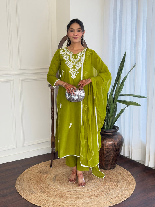 Lime Green Pure Cotton Embroidered Chikankari Kurta Set with Dupatta