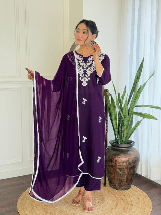 Purple Pure Cotton Embroidered Chikankari Kurta Set with Dupatta