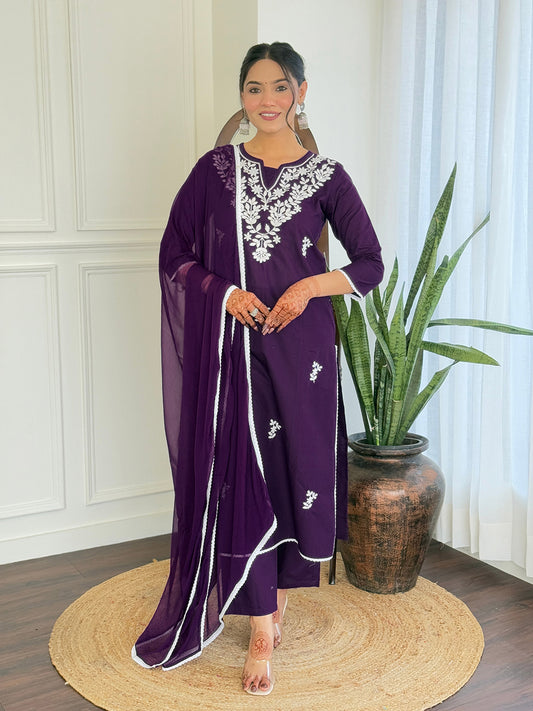 Purple Pure Cotton Embroidered Chikankari Kurta Set with Dupatta