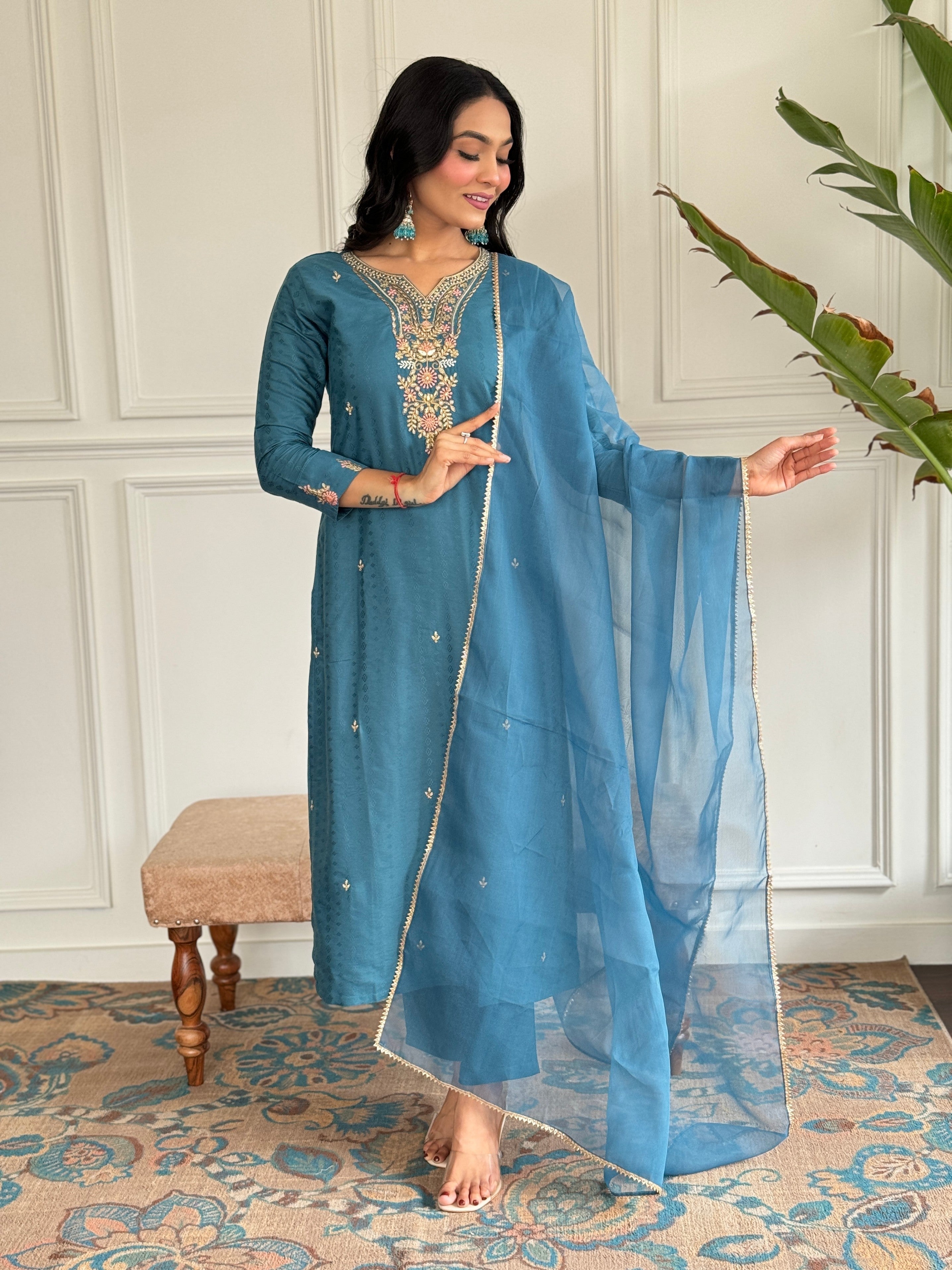 Women's Rama Viscose Chanderi Embroidered Straight Kurta Pant With Dupatta